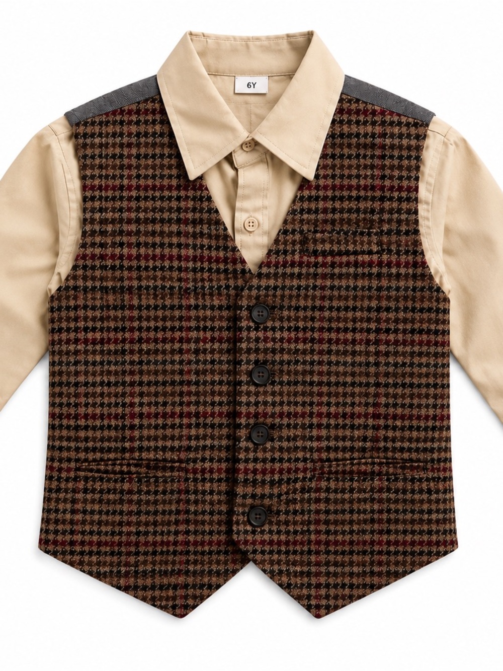 Me & Henry Brown and Red Plaid Vest with Beige Shirt